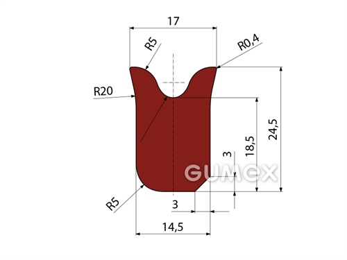 Silikonový profil tvaru "V", 24,5x17/14,5mm, 65°ShA, -60°C/+275°C, červenohnědý